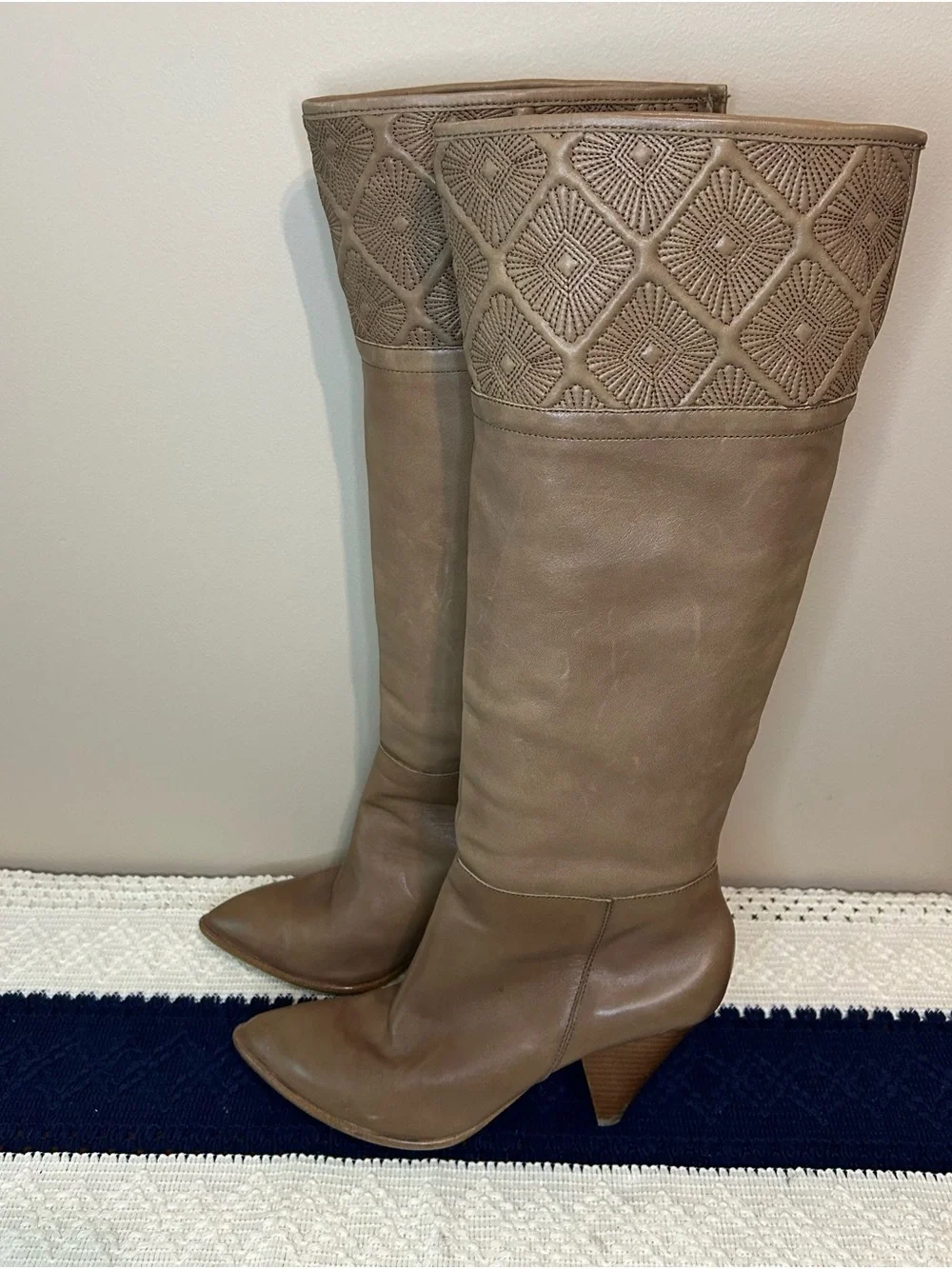 b. makowsky Taupe Over-the-Knee Leather Boots with Embroidered Cuff